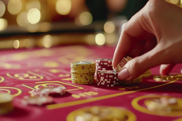 Mobile phone displaying live baccarat interface with betting buttons and dealer video
